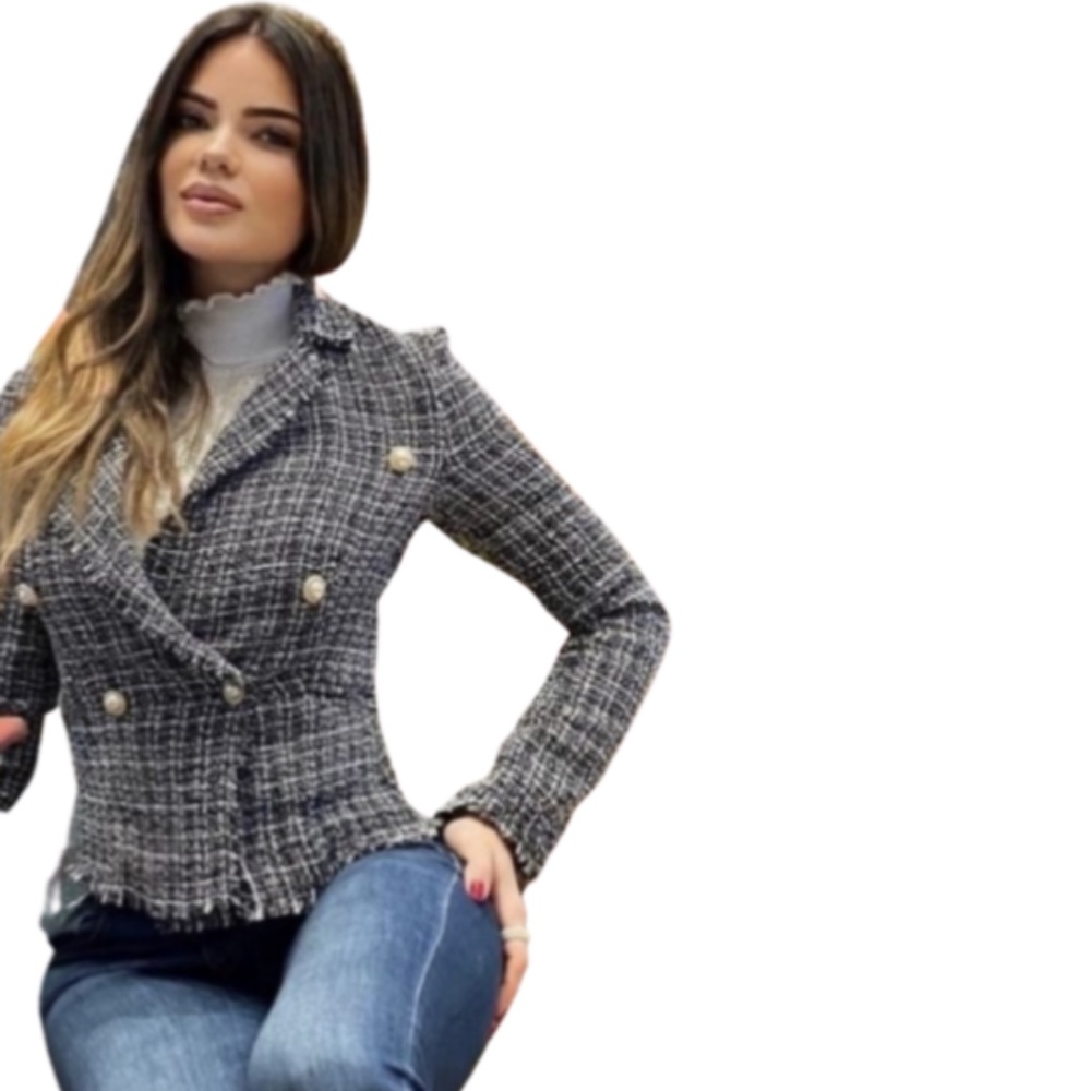 Tweed Check Dome Button Frayed Edge Blazer NWT